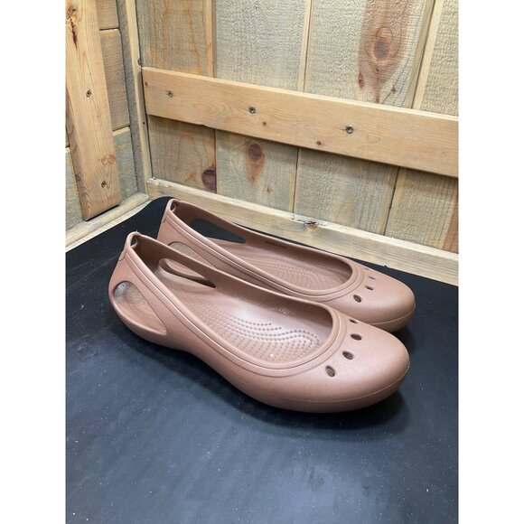 Crocs Womens Tan Ballet Flats With Cutouts Lightweight Slip-On Size 11 - Picture 1 of 6